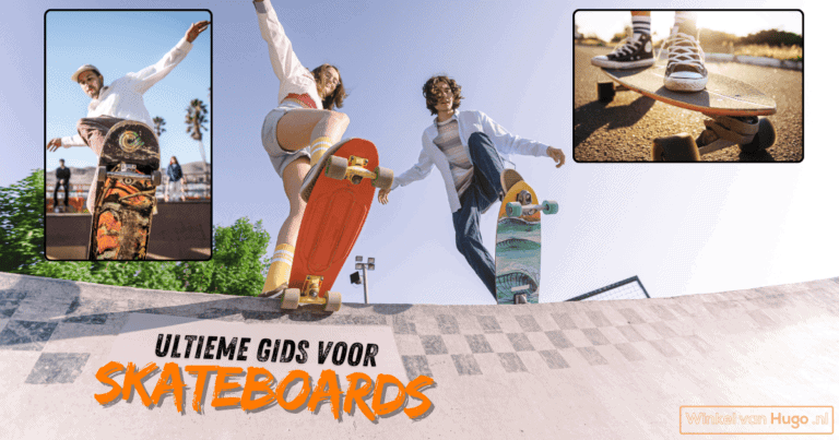 Een collage van drie foto's toont skaters die verschillende soorten skateboards gebruiken. De hoofdfoto in het midden laat twee skaters zien die klaarstaan om van een ramp af te gaan, terwijl ze kleurrijke longboards vasthouden. De kleine foto linksboven toont een skater die een trick uitvoert met een skateboard in een skatepark. De kleine foto rechtsboven toont een close-up van een cruiser skateboard op asfalt. Onder de hoofdfoto staat de tekst 'Ultieme Gids voor Skateboards' en het logo van Winkel van Hugo.