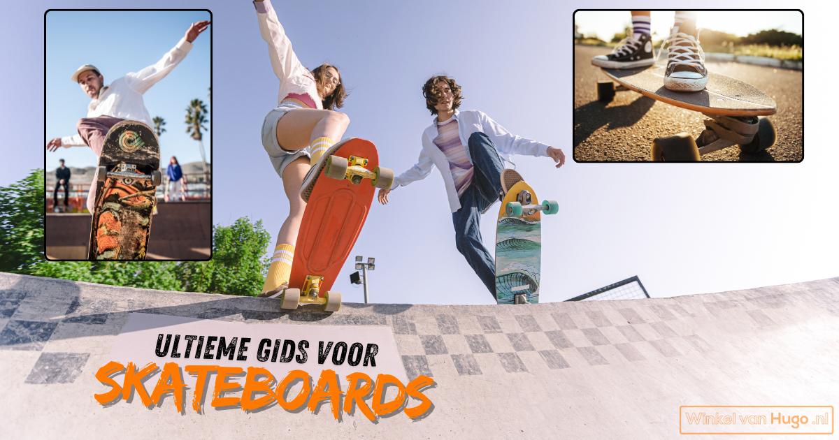 Een collage van drie foto's toont skaters die verschillende soorten skateboards gebruiken. De hoofdfoto in het midden laat twee skaters zien die klaarstaan om van een ramp af te gaan, terwijl ze kleurrijke longboards vasthouden. De kleine foto linksboven toont een skater die een trick uitvoert met een skateboard in een skatepark. De kleine foto rechtsboven toont een close-up van een cruiser skateboard op asfalt. Onder de hoofdfoto staat de tekst 'Ultieme Gids voor Skateboards' en het logo van Winkel van Hugo.