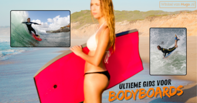 Een vrouw in bikini staat op een strand en houdt een felroze bodyboard vast. In de achtergrond zijn twee kleinere afbeeldingen te zien van surfers die spectaculaire stunts uitvoeren op bodyboards.