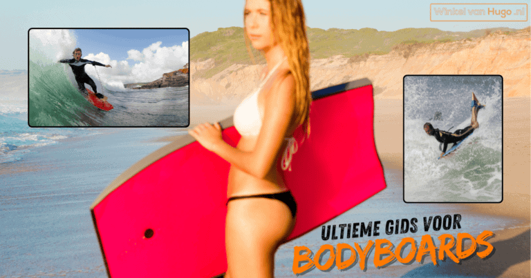 Een vrouw in bikini staat op een strand en houdt een felroze bodyboard vast. In de achtergrond zijn twee kleinere afbeeldingen te zien van surfers die spectaculaire stunts uitvoeren op bodyboards.