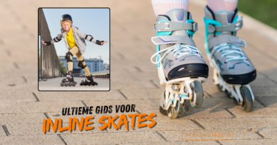 Kind met beschermende uitrusting die inline skatet en een close-up van inline skates met semi-softboot.