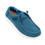 Baskets décontractées en toile bleue avec semelle blanche mouchetée, confortables pour un usage quotidien.