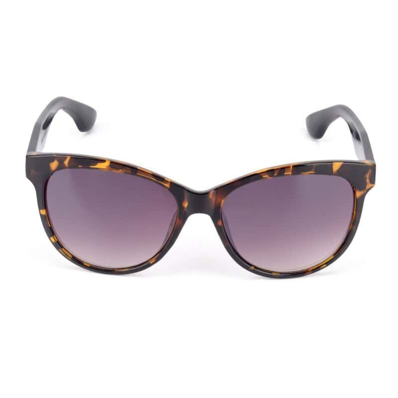 Brilmontuur met tortoise patroon en gradient paarse zonnebrilglazen.