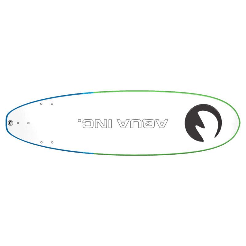 Plastic surfboard with logo and colourful border for outdoor and water sports.