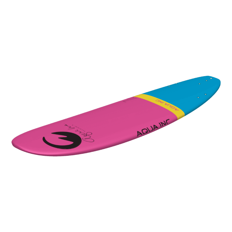 Kleurrijke skateboard met roze en blauw ontwerp voor buitenplezier.