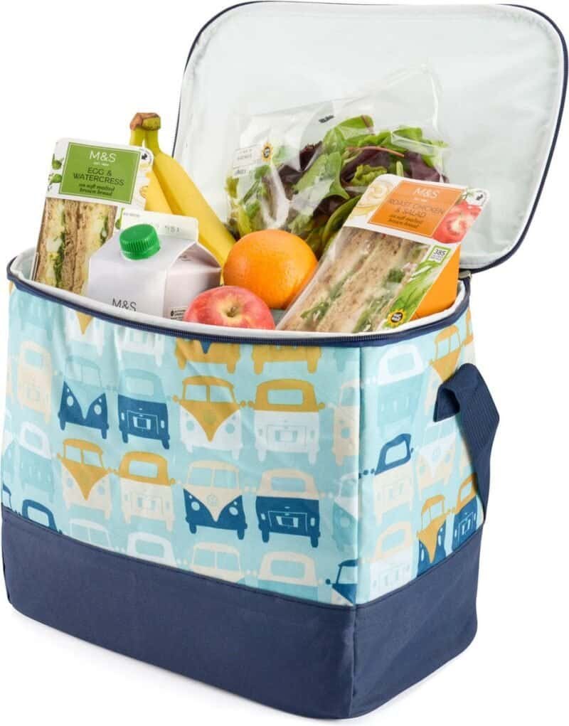 Food and drink items in insulated cooler for outdoor activities.