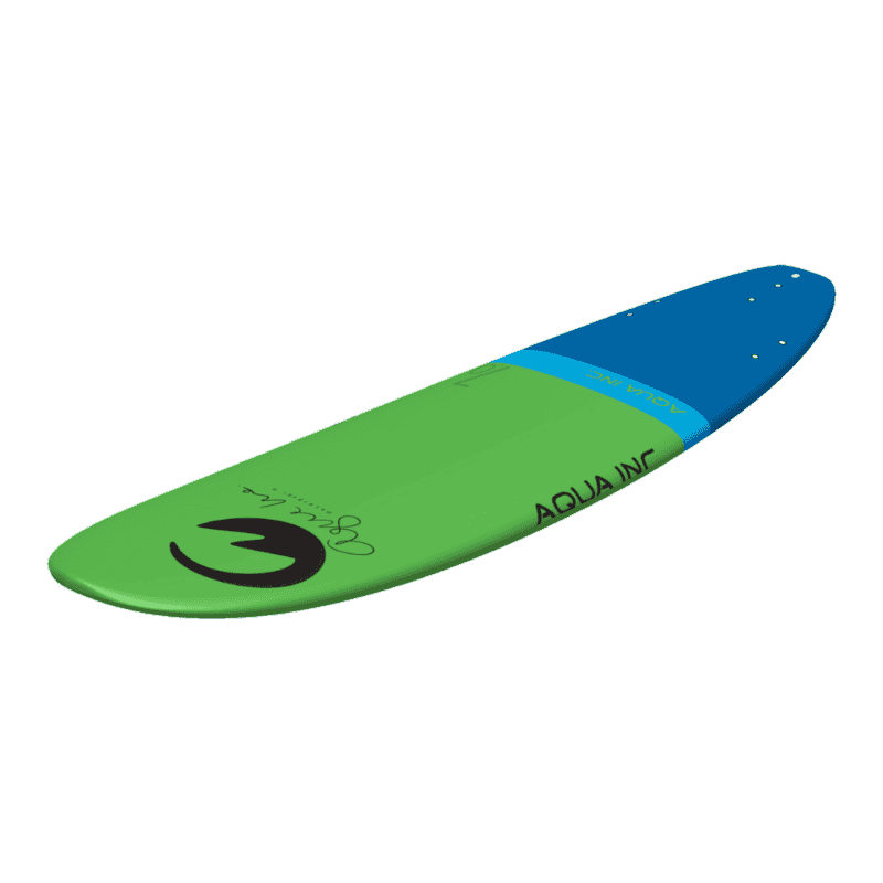 Plastic skateboard in green and blue with logo and branding, perfect for outdoor fun.