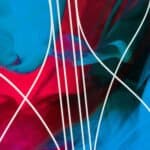 Farbenfrohe abstrakte Kunst mit blauen, roten und schwarzen Tönen und weißen Linien.