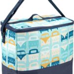 Blauwe koel-/ijsbox met Volkswagen busjes print, praktische draaghandvatten en ritssluiting.