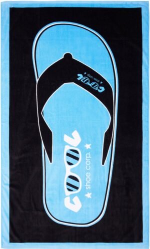 Shoe with black and blue design and the word "Cool" in white letters.