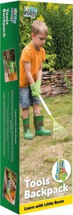 Speelgoed tuingereedschap voor kinderen in groen en geel, geschikt voor buiten inclusief rugzak.