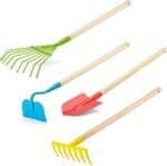 Kinder tuin gereedschap set met stalen rieken, schep en schop, ideaal voor buitenplezier.
