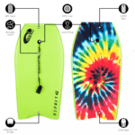 Planche à roulettes flottante avec un motif tie-dye coloré et un fond jaune.