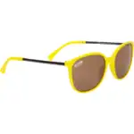 Bright yellow sunglasses with brown-tinted lenses and black metal arms for outdoor activities.