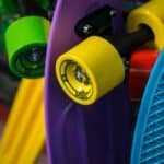 Colourful skateboards and wheels for outdoor fun, perfect for BMX and skating.