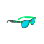 Painted sunglasses in black, green and blue mirror lenses for outdoor activities.