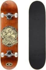 Skateboard with classic design and black grip tape for outdoor fun.
