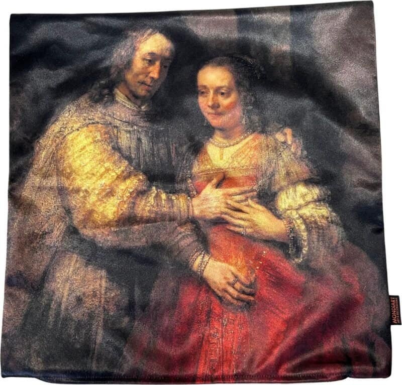 Peinture renouvelée d'un couple de la Renaissance en habits d'époque sur fond sombre.