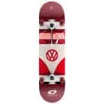 Volkswagen skateboard with red and white design and Osprey logo on the bottom, ideal for outdoor fun.