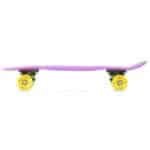 Colourful skateboard with purple deck and yellow wheels for outdoor fun.