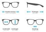 Small black glasses with clear explanation of width, lens height, leg length and bridge width for optimal fit.
