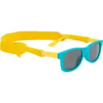 Colourful children's sunglasses with yellow strap and blue frame, suitable for outdoor fun.