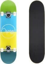 Children's skateboard with colourful design and white wheels.