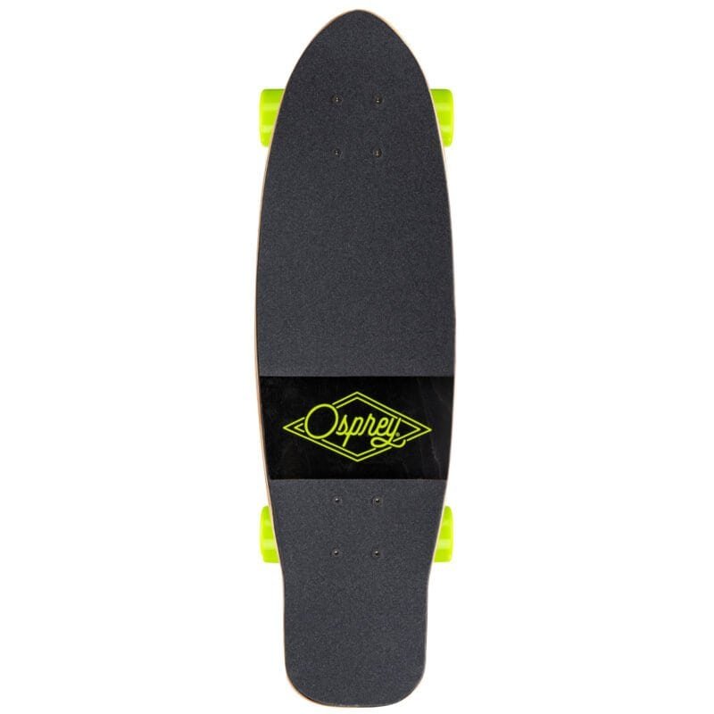 Korte skateboard met zwarte grip en neongele wielen, ideaal voor buitenplezier.