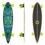Artful skateboard with blue design and light green wheels on background.