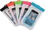 Waterproof phone cases in various colours for outdoor use and water activities.