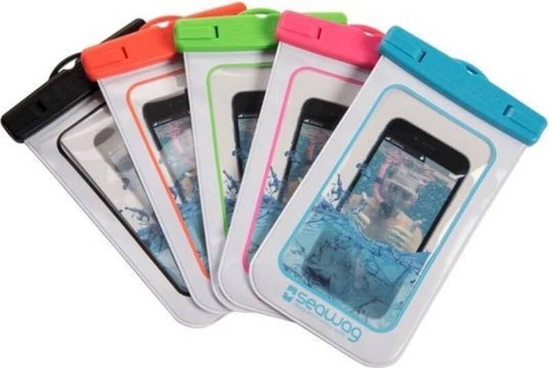 Waterproof phone cases in various colours for outdoor use and water activities.