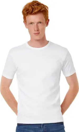 Plain white T-shirt for men, basic worn with casual jeans.
