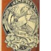 Vintage houten skateboard met logo en witte wielen voor skaten en outdoor plezier.