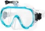 Duikbril voor watersporten en snorkelen, transparant met blauwe rand en verstelbare strap.