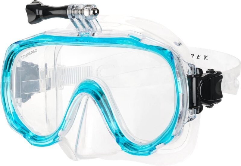 Lunettes de protection pour les sports nautiques et la plongée avec tuba, transparentes avec bord bleu et sangle réglable.