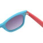 Colourful sunglasses with blue frames and pink legs for outdoor activities.