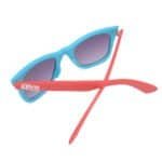 Aviation glasses with blue rim and purple mirror lenses for summer UV protection.
