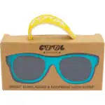 Colourful baby sunglasses with fake leather neck strap in wooden box.