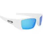 Rode zonnebril met blauwe lens, sportieve UV-protectie, ideaal voor buitenactiviteiten.