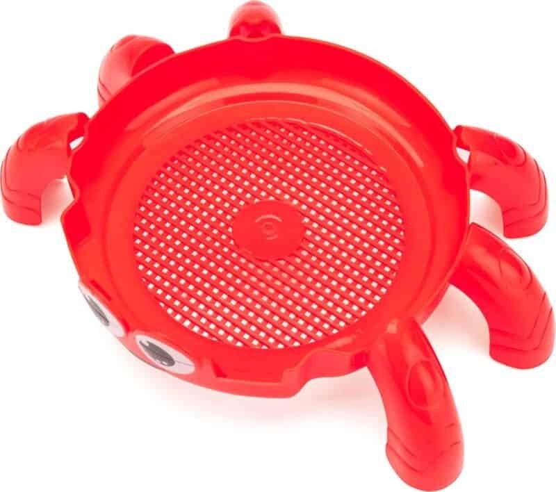 Red plastic crab-shaped skimmer for outdoor use.