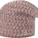 Warm gebreide muts in rozetinten, perfect voor outdoor activiteiten.