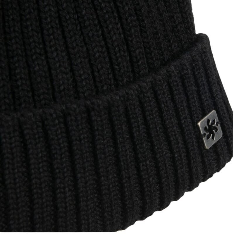 Warm black knit hat with trendy metal logo detail.