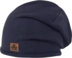 Warme marineblaue Beanie-Mütze mit JL JUIL JAM Lederaufnäher für Wintersport und Freizeitkleidung.
