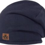 Warm navy beanie hat with JL JUIL JAM leather patch for outdoor winter sports and casual wear.