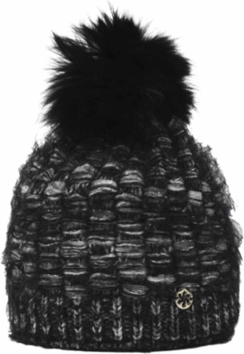 Knitted wintermuts met pompon en logo detail, warm en stijlvol accessoire.