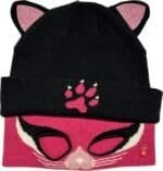 Muts met kattenoortjes, roze en zwart met kattensnoet en oogmotief.