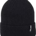 Warm zwarte ribbenmuts voor buiten, ideaal voor herfst en winter.
