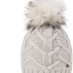 Knitted winter beanie with faux fur pompom in beige.