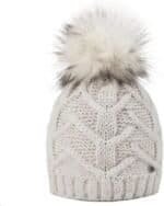 Knitted winter beanie with faux fur pompom in beige.