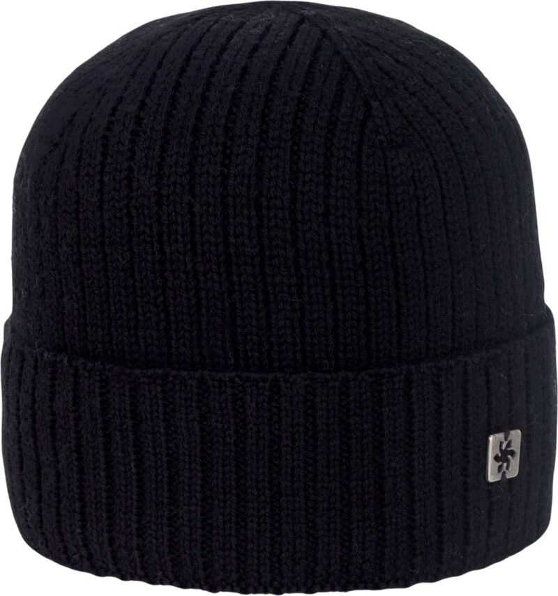 Warm black knitted hat for outdoor activities and winter days.